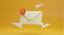 Yellow envelope with paper airplanes on an orange background.