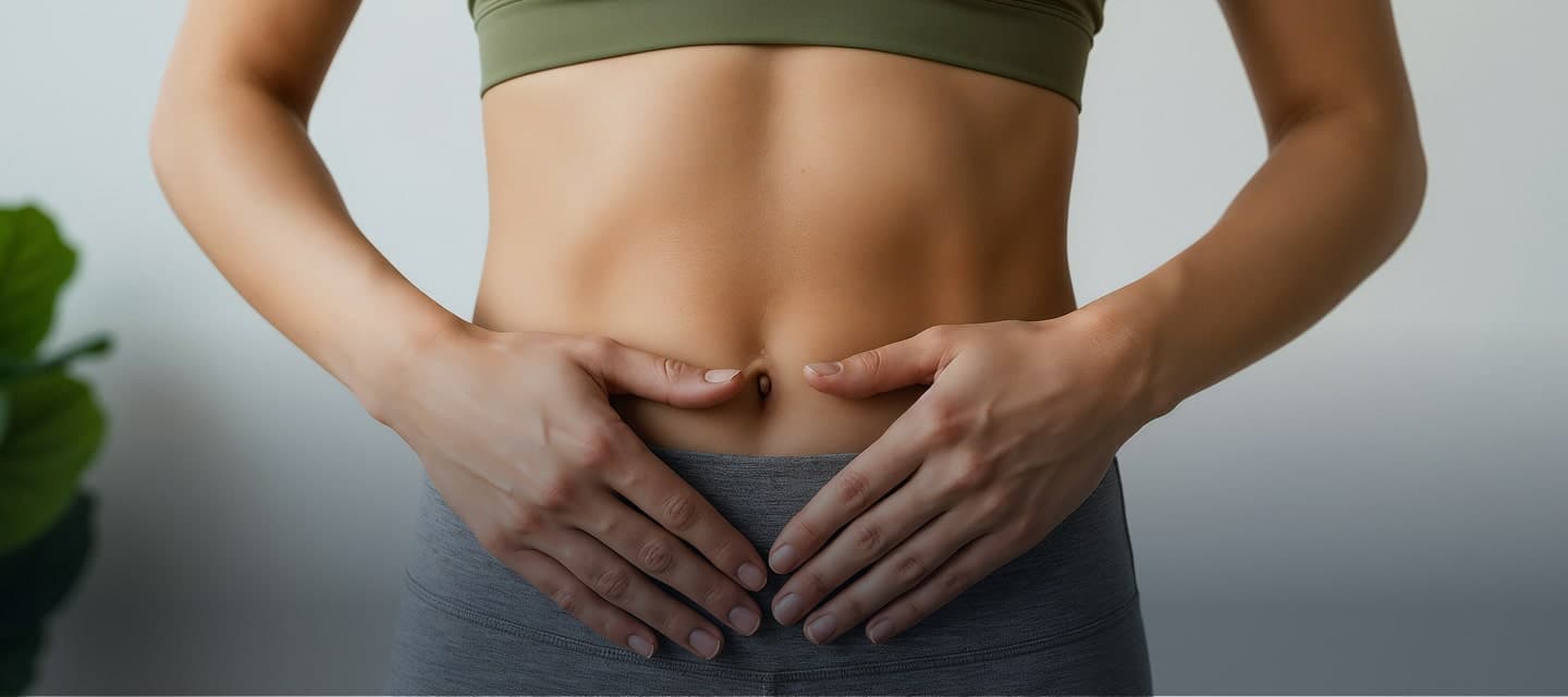 A woman is showing off her stomach.
