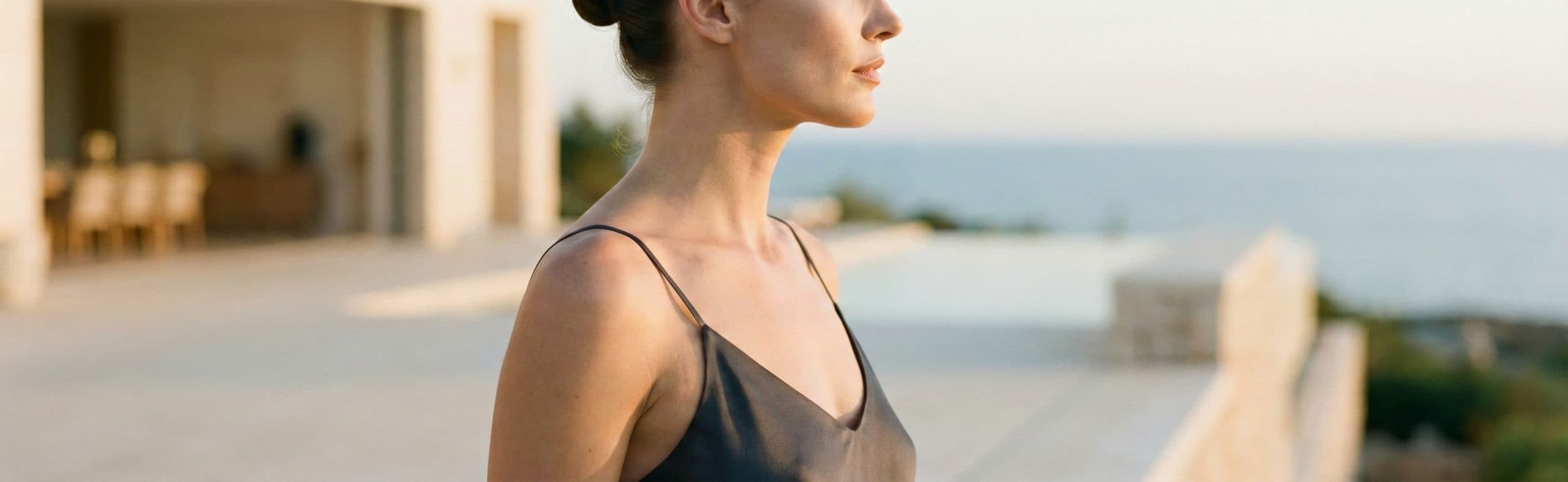 A woman is sitting on a couch with her hands on her neck.