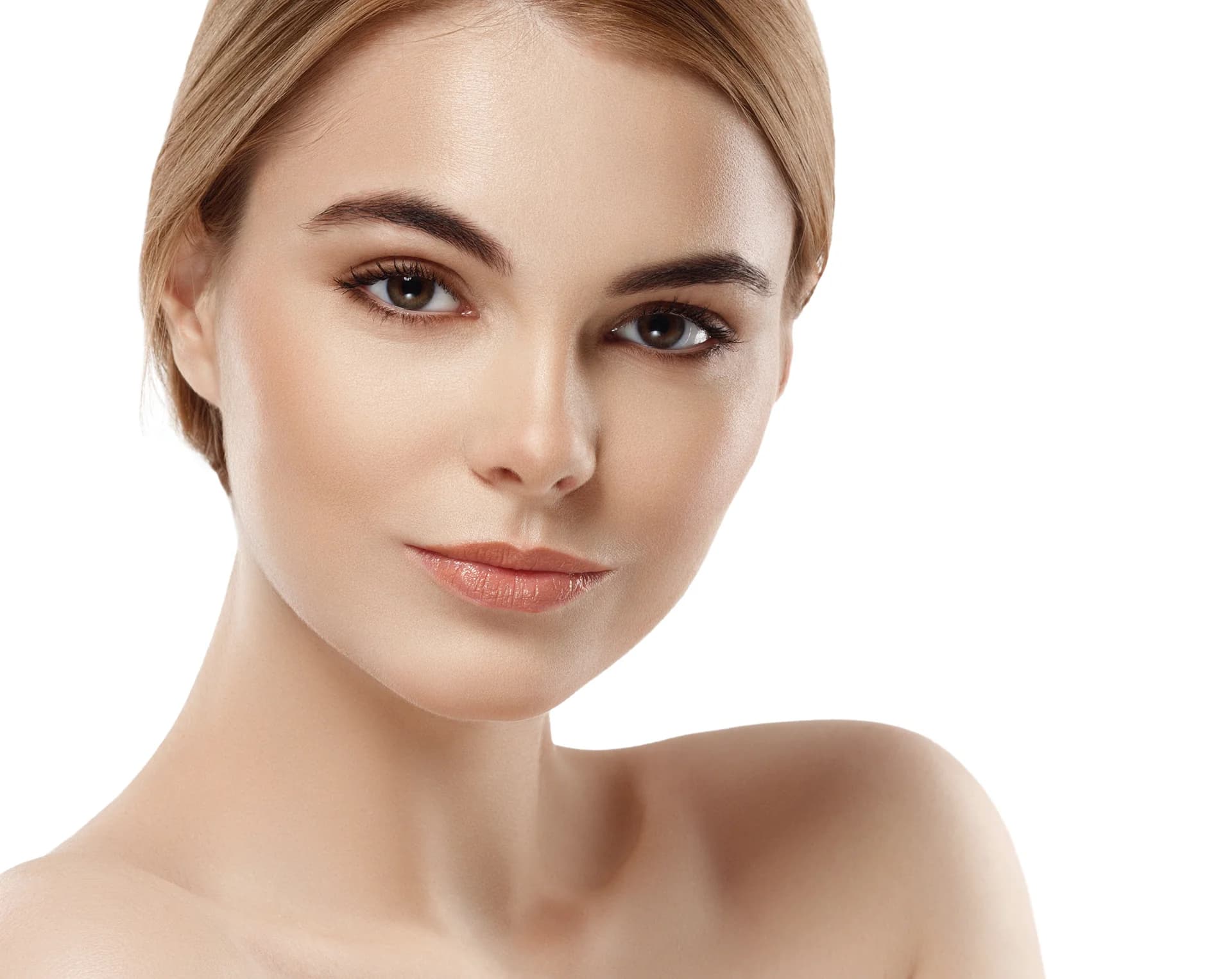 A woman posing with a clean face after chin liposuction.