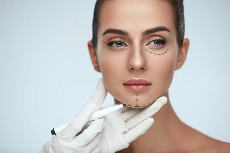 A woman is having her face injected with a syringe, undergoing a cosmetic procedure.