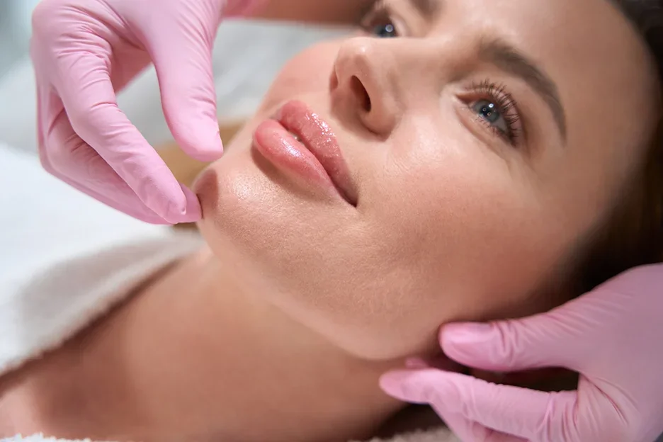 A woman undergoes a consultation on chin and cheek liposuction.